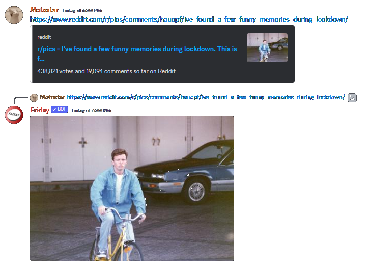 An example of the Friday Discord bot extracting media from Reddit